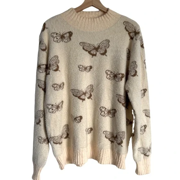 Sioni Butterfly Print Cream & Brown Mock Neck Sweater New With Tag Extra Large - Picture 14 of 16